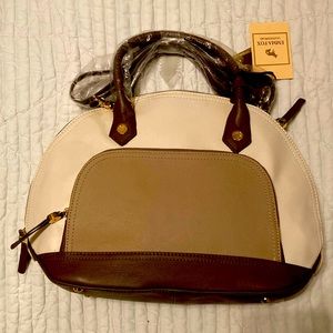 Emma Fox Leather handbag. 3 tone cream, taupe, grey with gold hardware.